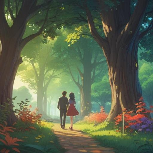 A romantic scene depicting a couple with a significant age difference, gentle sunlight filtering through trees, a serene park setting, symbolic elements like blooming flowers representing growth and connection, a sense of harmony and understanding, ethereal glow around the couple, soft expressions conveying love and trust, 4k