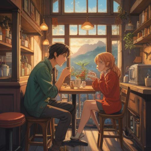 A charming illustration depicting a young couple with a significant age difference, sharing a joyful moment in a cozy café, warm sunlight filtering through the window, playful interactions, small gestures of affection, thoughtful expressions, capturing the essence of their unique relationship, a sense of understanding and connection, vibrant colors, inviting atmosphere, 4k