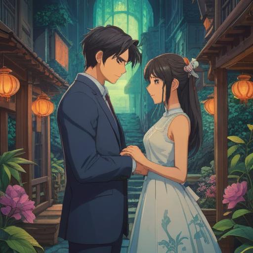 A serene illustration depicting an age-gap marriage, embodying the spiritual meaning of connection and harmony, two individuals of different ages standing together in a beautiful garden, symbolic elements like butterflies and lotus flowers to represent transformation and growth, soft sunlight filtering through tree branches, peaceful expressions, 4k