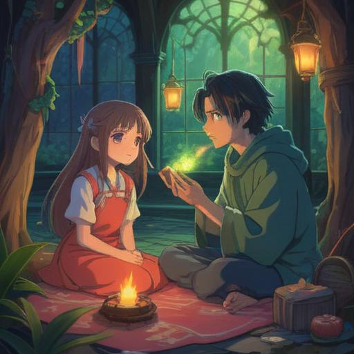 A couple with a significant age gap, sitting together in a serene setting, soft glows of light surrounding them, subtle spiritual symbols in the background, harmonious connection, expressions of understanding and love, natural elements like trees and flowers, calm and inviting atmosphere, 4k