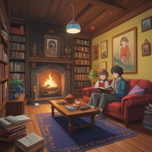 A heartwarming scene of a couple with a significant age difference engaging in deep conversation, warm smiles, cozy living room setting, books and cups of tea on the table, intimate atmosphere, showcasing the beauty of their relationship, connection through shared experiences, emotional bond, vibrant details, soft lighting, 4k
