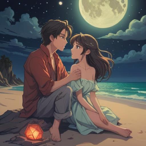A serene illustration of a significant age-gap couple, sitting together on a moonlit beach, sharing profound thoughts, ethereal glow surrounding them, gentle waves lapping at the shore, deep emotional connection depicted through their expressions, harmonious blend of youth and maturity, light reflecting off the water, soft starry sky above, symbolic elements representing wisdom and innocence, 4k