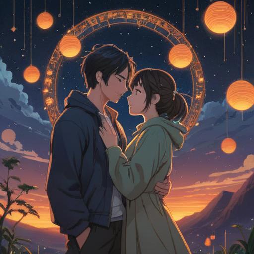 A heartwarming scene of a significant age-gap couple embracing under a starlit sky, surrounded by glowing orbs representing spiritual energy, their hands intertwined radiating light, serene expressions conveying deep understanding and connection, peaceful nature setting with gentle breeze, night sky filled with vibrant constellations, a sense of harmony and positivity in the air, 4k