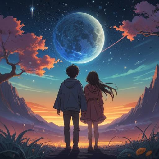 A couple with an age difference, standing together under a starry sky, subtle spiritual symbols in the background, a sense of harmony and connection, contrasting yet complementary features, serene expressions, a mystical ambiance, warm light illuminating their faces, 4k