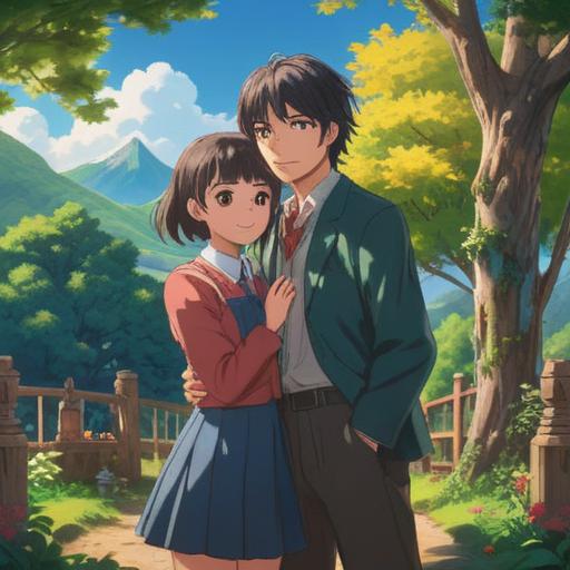 A heartwarming scene of an age-gap couple joyfully sharing a lucky charm, vibrant colors, soft sunlight filtering through trees, a cozy park setting, smiles exchanged, warmth and connection, a hint of magic in the air, detailed charm with intricate designs, 4k