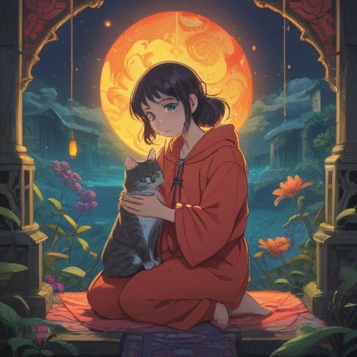 A serene scene depicting a person gently rescuing a cat, ethereal light surrounding them, subtle spiritual symbols in the background, soft and calming colors, an atmosphere of connection and guidance, nature elements like trees and flowers, peaceful expressions, 4k