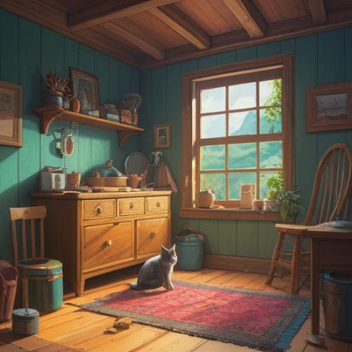 A serene scene of a cozy home after rescuing a cat, soft sunlight streaming through the window, the cat playfully sitting on a lap, scattered lucky charms around, warm and inviting atmosphere, a sense of joy and gratitude, simple yet charming decor, a feeling of good fortune, 4k