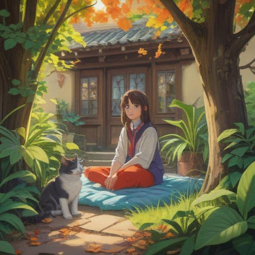 A serene moment of reflection, a person sitting peacefully in a sunlit garden, gentle breeze rustling leaves, a rescued cat curled up in their lap, feeling a deep sense of fulfillment and emotional connection, vibrant flowers surrounding them, warm sunlight casting soft shadows, calm and comforting atmosphere, 4k