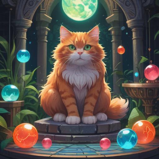 A serene and mystical scene featuring a fluffy cat sitting gracefully on a crystal altar, surrounded by glowing orbs of light, lush green plants, and softly flowing water, a peaceful aura emanating from the cat, symbolic representation of spirituality and good omens, harmonious colors blending with ethereal elements, enchanting atmosphere, inviting tranquility, high detail