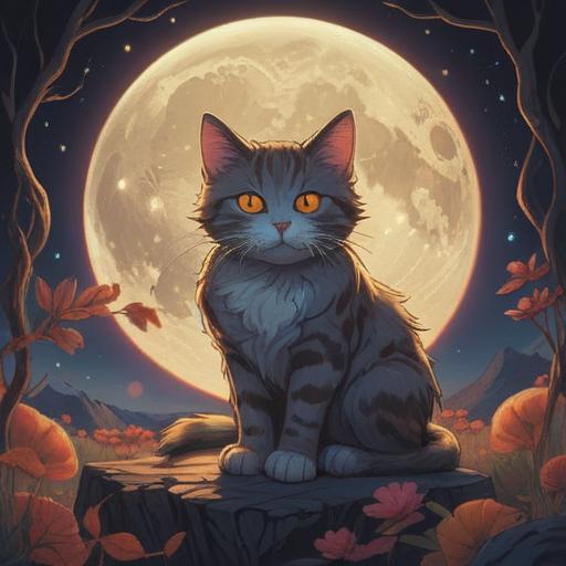 A serene illustration of a cat sitting gracefully under a full moon, glowing ethereal patterns around it, symbols of intuition and awareness in the background, hints of mystical energy, tranquil night setting, soft stars twinkling, deep spiritual connection, 4k