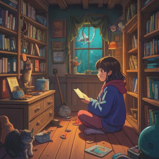 A whimsical illustration of a person observing a cat, magical items surrounding them, vibrant colors, enchanted atmosphere, lucky charms like four-leaf clovers and horseshoes, cute cat with sparkling eyes, detailed environment with lush greenery and shimmering lights, capturing a sense of hope and fortune, 4k