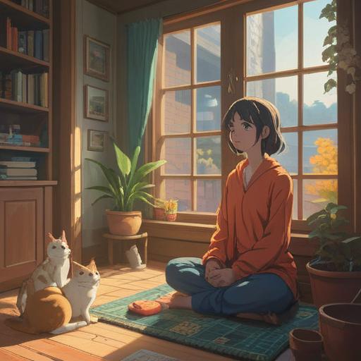 A serene scene depicting a person meditating peacefully in a sunlit room surrounded by cats, soft light filtering through the window, spiritual symbols gently floating in the air, an atmosphere of tranquility and connection, each cat displaying unique characteristics, inviting sense of harmony, 4k