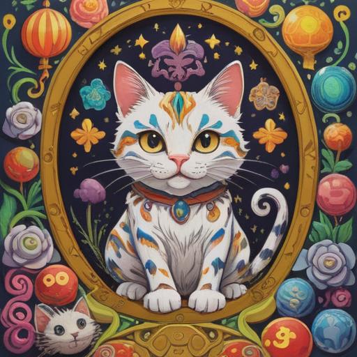A whimsical illustration of a lucky charm designed for attracting cats, featuring intricate patterns and symbols associated with feline luck, colorful and playful motifs, a cozy indoor setting with a curious cat examining the charm, beautifully detailed textures, enchanting atmosphere, 4k
