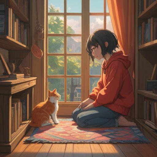 A warm and cozy scene of a person playing with a cat, gentle sunlight coming through the window, close bond shown through playful interaction, cat purring happily, soft textures of a blanket, scattered toys around, tranquil indoor setting, emotional connection, 4k