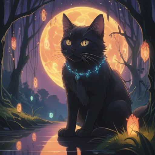 A serene illustration of a cat silhouette surrounded by glowing ethereal lights, mystical symbols floating around, a tranquil forest setting in the background, vibrant color palette representing spirituality, a sense of calm and connection to the universe, detailed textures in fur and light, enchanting atmosphere, 4k