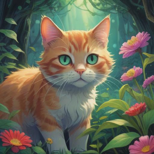 A serene and mystical scene featuring a translucent cat spirit, ethereal light surrounding it, gentle aura radiating, a peaceful garden filled with vibrant flowers, soft rays of sunlight filtering through trees, a sense of tranquility and guidance, subtle glow, enchanting atmosphere, 4k