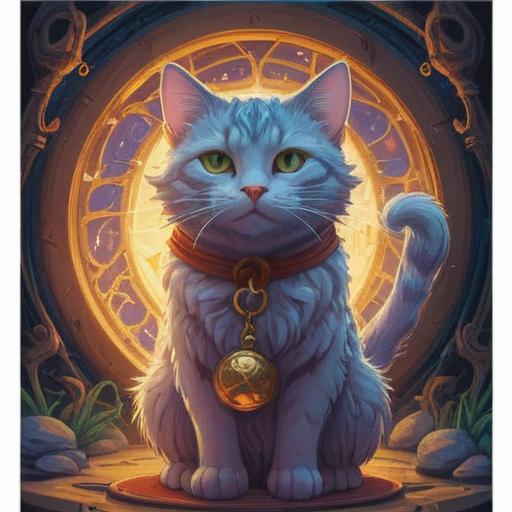 A spiritual illustration of a cat's soul ringing a warning bell, ethereal atmosphere, glowing aura around the cat, mystical symbols in the background, serene landscape, a sense of foreboding, intricate details in the cat's features, vibrant colors, 4k