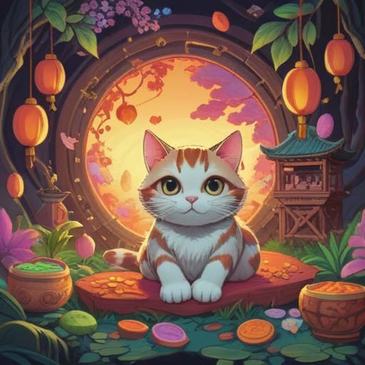 A whimsical and serene illustration featuring a cat peacefully resting among various lucky charms, glowing softly, enchanting aura, surrounded by traditional Japanese lucky items like maneki-neko and daruma dolls, soft pastel colors, tranquil garden setting, harmonious atmosphere, 4k