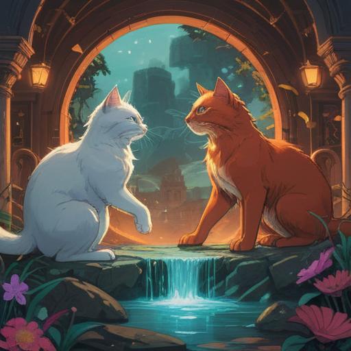 A mystical scene depicting two cats engaged in a fierce dispute, ethereal light surrounding them, symbols of spirituality in the background, contrasting colors emphasizing tension, intricate patterns on the cats' fur representing their energies, a tranquil yet intense sky, feeling of ancient wisdom, 4k