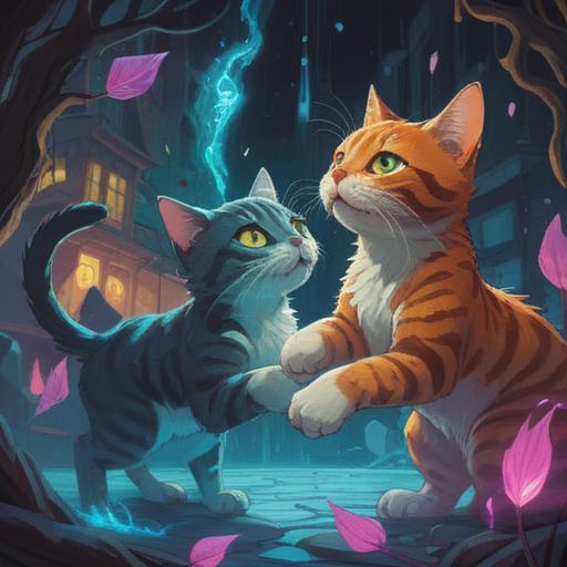 A mystical scene featuring two cats playfully fighting, ethereal sounds echoing around them, vibrant energy radiating, spiritual symbols floating in the air, a serene garden backdrop with blooming flowers, soft sunlight filtering through the trees, a sense of harmony in chaos, 4k