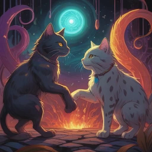 A mystical scene depicting two cats engaged in a fierce argument, with ethereal energy surrounding them, symbols of spiritual significance in the background, an aura of tension and alertness, vibrant colors representing emotions, a serene environment contrasting the chaos, deep meanings suggested through the cats' postures and expressions, 4k