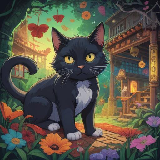 A whimsical illustration of a lucky motif after hearing the sounds of a cat fight, vibrant colors, playful design, an array of lucky charms like four-leaf clovers, lucky cats, and horseshoes, surrounded by a chaotic yet humorous background depicting startled cats, expressive faces, dynamic movement, cheerful atmosphere, enchanting details, 4k