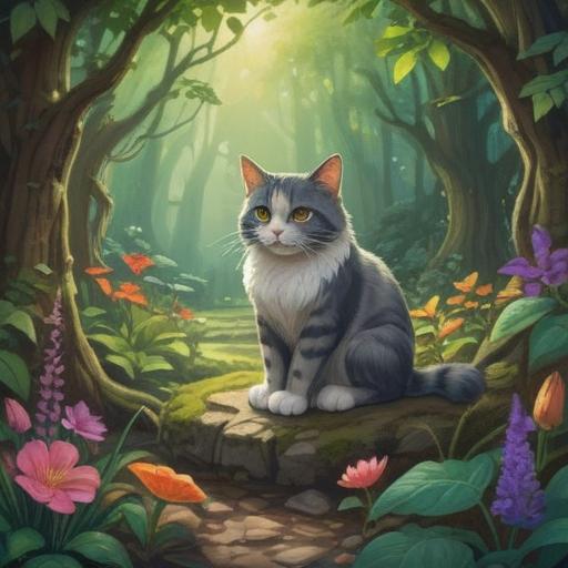 A serene illustration of a cat sitting in a mystical garden, vibrant colors, spiritual symbols surrounding the cat, ethereal light filtering through trees, calming atmosphere, deep connection to nature, intricate details on the cat's fur, harmonious composition, 4k