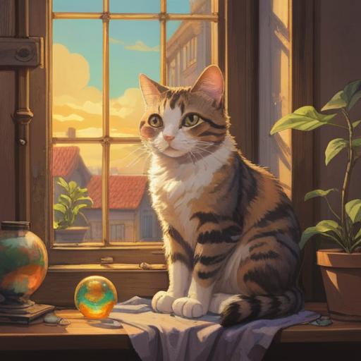 A serene image of a cat sitting gracefully on a windowsill, bathed in soft sunlight, surrounded by glowing orbs of light symbolizing spiritual signs, intricate patterns in the background reflecting tranquility, gentle expressions on the cat's face, ethereal atmosphere, 4k