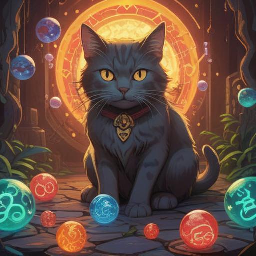 A captivating illustration of a cat surrounded by mystical symbols, glowing ethereal light, vibrant colors, a serene environment with floating orbs, depicting a spiritual connection, detailed features of the cat with wise eyes, intricate patterns in the background, conveying a sense of awareness and enlightenment, 4k