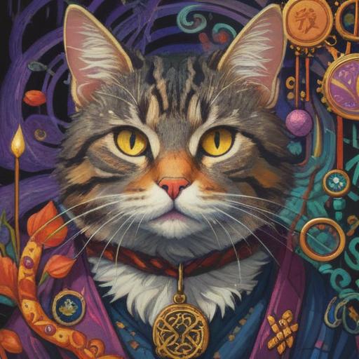 A beautiful illustration of a cat surrounded by symbols of good luck, vibrant colors, intricate details in the cat's fur, traditional lucky charms like maneki-neko and four-leaf clovers, a serene garden setting, soft sunlight filtering through the trees, whimsical and cheerful atmosphere, 4k