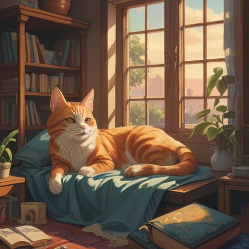 A serene illustration of a cat lounging in a sunlit room, gentle sunlight filtering through a window, soft pillows and cozy blankets, peaceful atmosphere, the cat's expression radiating tranquility and warmth, surrounded by blooming flowers, vibrant colors reflecting a soothing energy, 4k