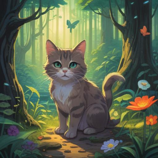 A mystical illustration depicting the spiritual meaning of cat poop, ethereal vibes, symbols of transformation and intuition, serene nature setting, soft sunlight filtering through leaves, a meditative cat in the foreground, vibrant colors, harmonious balance of nature, 4k