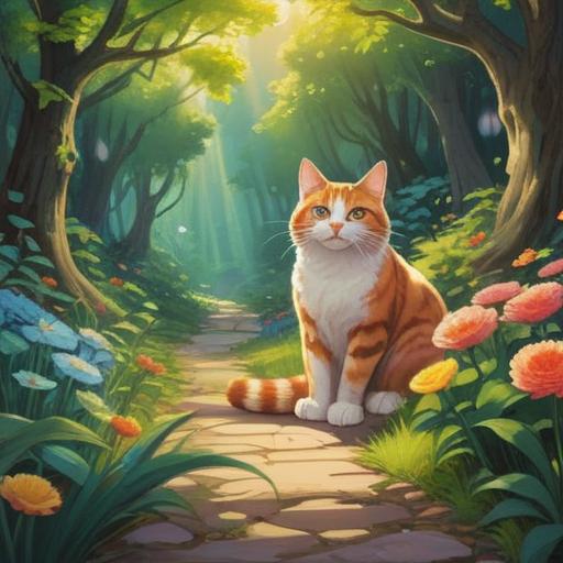 A serene outdoor scene, a cat sitting gracefully on a sunlit path, vibrant flowers surrounding, ethereal light filtering through trees, a sense of tranquility in the air, spiritual symbols subtly integrated in the background, peaceful atmosphere, harmonious colors, nature's beauty, 4k
