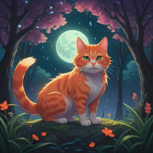 A mystical scene depicting a cat, enigmatic aura, surrounding mysterious symbols in the air, soft glowing light, nature background with trees and flowers, a sense of caution and awareness, spiritual signs, vibrant colors, ethereal mood, clear focus on the cat's presence, 4k
