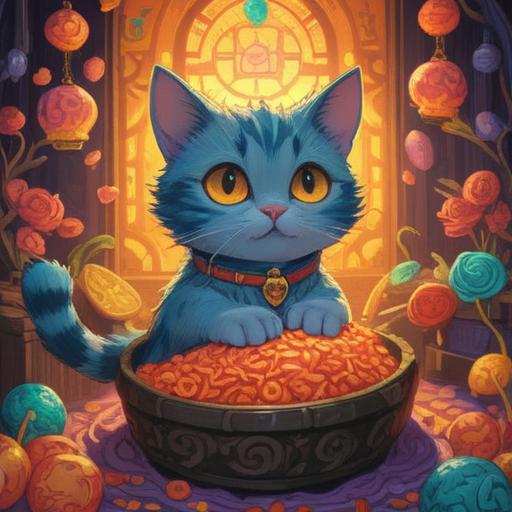 A whimsical illustration of a lucky charm made from cat litter, vibrant colors, playful design, depicting a small talisman surrounded by glowing light, cats happily playing in the background, a sense of joy and fortune, detailed textures, enchanting atmosphere, 4k