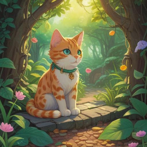 A serene and enchanting scene of a cat surrounded by various lucky charms, soft sunlight filtering through the leaves, a peaceful garden ambiance, the cat playfully interacting with a shimmering talisman, symbols of positive energy and fortune, detailed textures of the cat's fur, vibrant colors of the charms, harmonious atmosphere, 4k