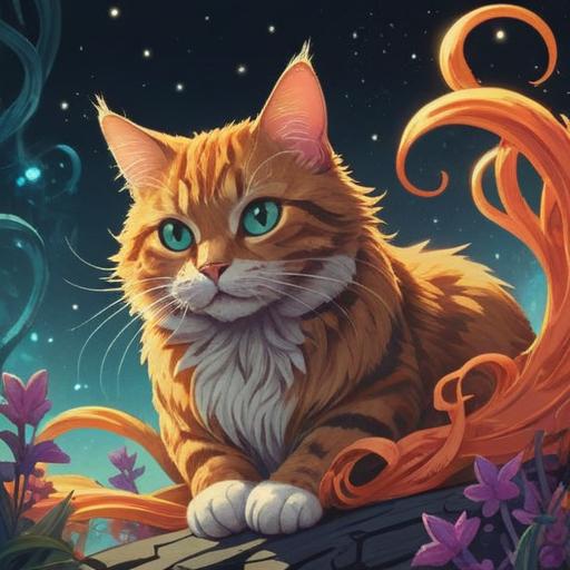 A serene scene depicting a cat with long, delicate whiskers, mystical energy emanating from the whiskers, celestial symbols surrounding the cat, soft glowing light, tranquil environment, lush greenery in the background, gentle pastel colors, the essence of spirituality and good fortune, 4k