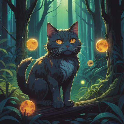A mystical scene depicting a cat with its whiskers standing on end, surrounded by glowing orbs, an eerie forest backdrop, dark shadows creating a sense of unease, ethereal light breaking through the trees, vibrant colors contrasting with the twilight atmosphere, spiritual symbols subtly integrated into the surroundings, a sense of foreboding, 4k