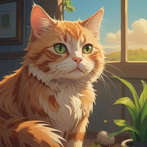 A serene illustration depicting a cat with long, expressive whiskers, softly glowing in sunlight, a person gently stroking the cat, feeling a sense of calm and connection, whimsical garden setting with vibrant flowers, dreamlike atmosphere, emphasis on the bond between human and cat, showcasing joy and self-discovery, 4k