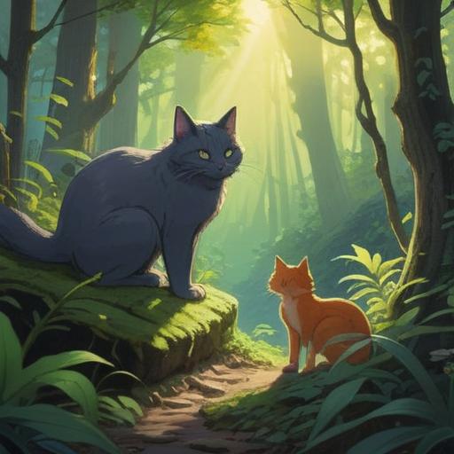 A serene and enchanting scene of a person encountering a cat in a mystical forest, soft beams of sunlight filtering through the trees, the cat exuding a calming aura, vibrant flowers and lush greenery surrounding them, representing intuition and connection, creating a moment of spiritual awakening, ethereal atmosphere, 4k