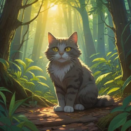 A serene scene of a person encountering a cat in a sunlit forest, soft rays of light filtering through the trees, the cat gazing knowingly, symbols of good luck and spirituality floating around, vibrant green leaves, a tranquil atmosphere, a feeling of connection with nature, blissful expressions, 4k