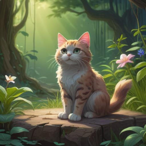 A serene moment captured in nature, a curious cat sitting peacefully, surrounded by gentle light, ethereal aura, symbols of protection and intuition in the atmosphere, whispers of ancient wisdom in the air, lush greenery and soft flowers around, tranquil scene promoting mindfulness and connection with the spiritual realm, 4k
