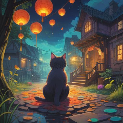A magical scene depicting a person encountering a cat, vibrant colors, whimsical atmosphere, symbols of good fortune like coins and four-leaf clovers, enchanting background with sparkling lights, joyful expression on the person's face, a sense of adventure and positivity, 4k