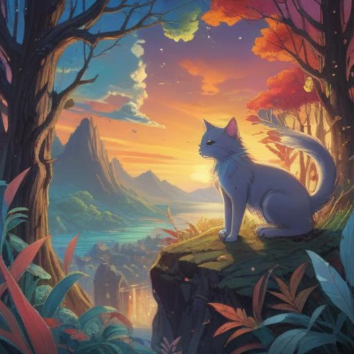 A serene and mystical scene depicting a person encountering a cat, ethereal light surrounding them, symbolic elements like feathers and crystals, tranquil nature setting with lush greenery, soft glows and gentle shadows, conveying spiritual messages and connections, harmonious atmosphere, 4k