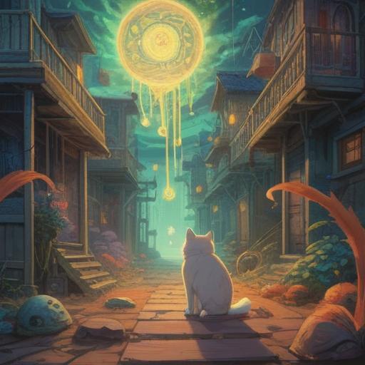 A serene scene depicting a person encountering a cat, ethereal light surrounding the cat, mystical symbols in the air, the person's expression filled with joy and wonder, lush greenery in the background, a sense of connection and tranquility, soft and calming colors, harmonious atmosphere, 4k