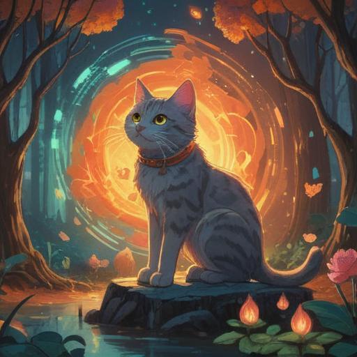 A mystical scene depicting the encounter with a cat, spiritual symbols in the air, glowing aura around the cat, ethereal light illuminating the background, nature setting with trees and flowers, calm and serene atmosphere, the cat gazing intensely, featuring signs of intuition and guidance, 4k