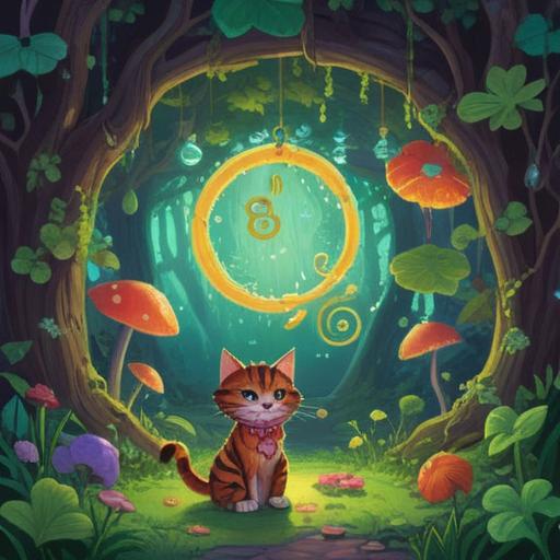 A whimsical illustration of a person meeting a playful cat, surrounded by lucky charms such as four-leaf clovers, horseshoes, and sparkling stars, vibrant colors, cheerful atmosphere, detailed expressions, engaging background with a sunny park setting, inviting energy, 4k