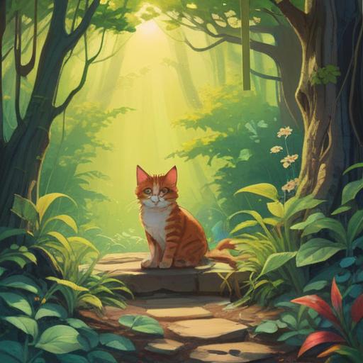 A serene illustration depicting a cat gently approaching a person sitting in a tranquil garden, soft sunlight filtering through the trees, lush greenery surrounding them, ethereal glow around the cat symbolizing spiritual connection, calm expression on the person's face, harmonious coexistence, warm emotional energy, 4k