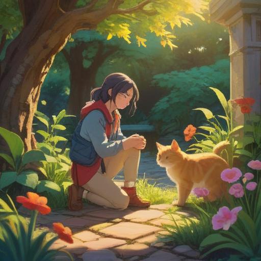 A serene and mystical scene depicting a person kneeling in a sunlit garden, gently interacting with a fluffy cat, warm golden light illuminating the surroundings, vibrant flowers blooming, a sense of calm and connection, ethereal glowing aura around the cat, subtle hints of spirituality, peaceful expression on the person's face, a feeling of harmony and joy, enchanting atmosphere, 4k