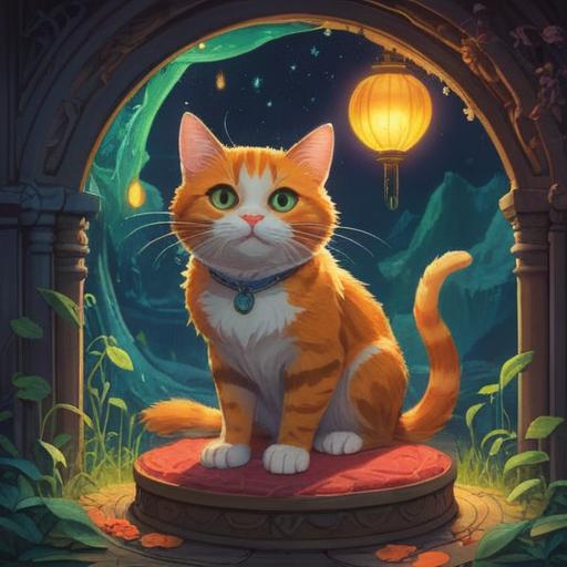A chance encounter with a cat leading to a lucky charm, whimsical scene, a curious cat sitting on a mystical object, glowing light radiating from the charm, vibrant garden setting, enchanting atmosphere, playful interaction between the cat and the owner, attention to detail in the cat's fur and facial expression, 4k